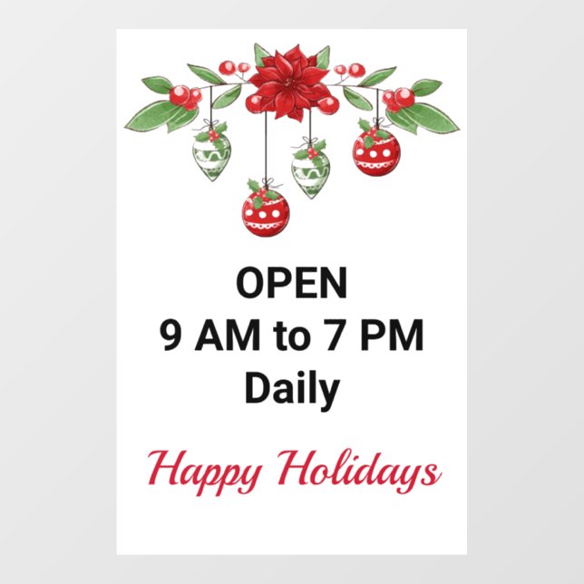 Store Hours Christmas Holiday Motif Custom Text Window Cling (Sheet)