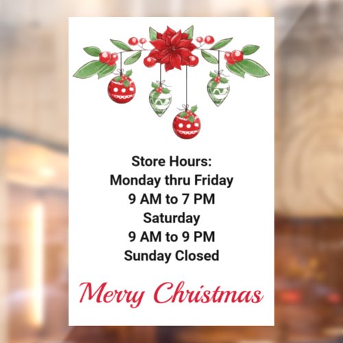 Store Hours Christmas Holiday Motif Custom Text Window Cling