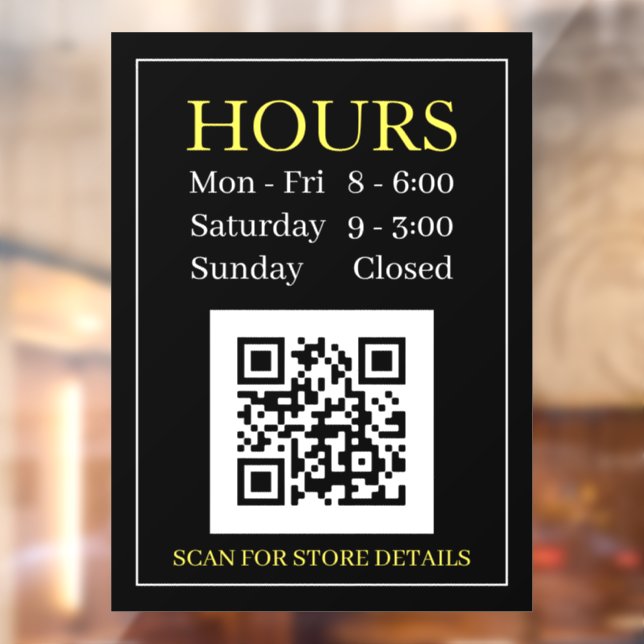 Store Hours Open Sign, QR Code, Black Yellow White Window Cling (Sheet 2)