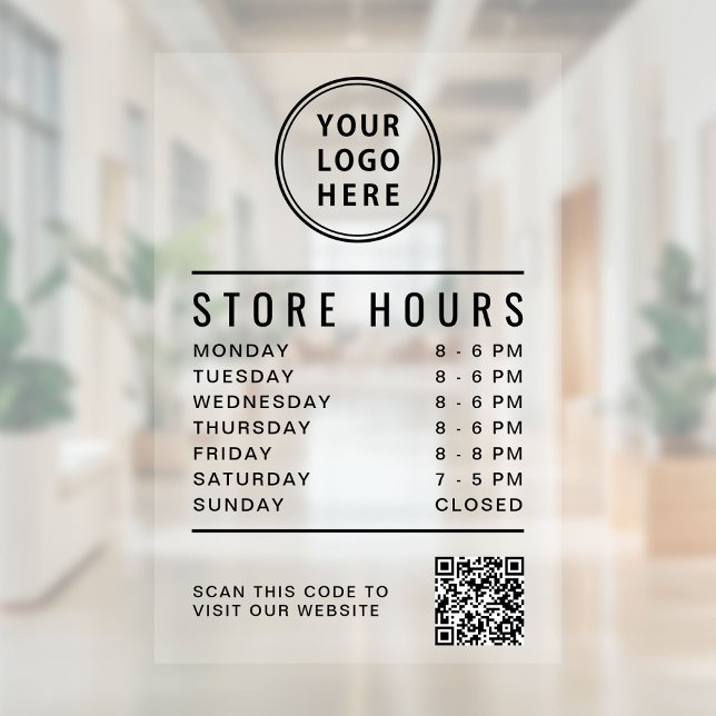 Store Hours QR Code Business Logo Clear Window Cling (Minimalist Store Hours QR Code Business Logo Window Cling)