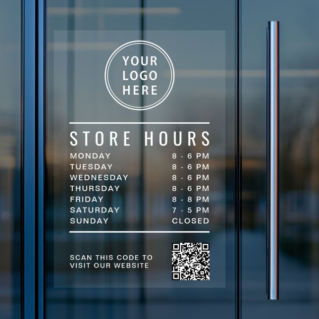 Store Hours QR Code Business Logo White Lettering Window Cling (Store Hours QR Code Business Logo White Lettering Window Cling)