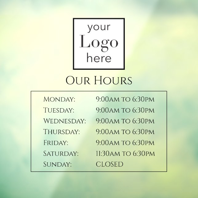 Store Open Hours Your Logo Business Window Cling (Sheet 3)