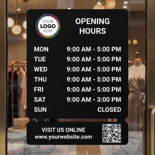 Store Opening Hours Signage With QR Code - Black Window Cling