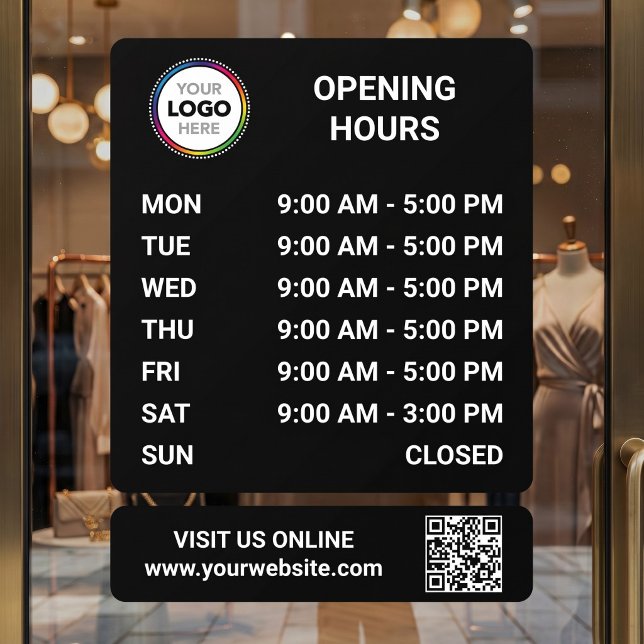 Store Opening Hours Signage With QR Code - Black Window Cling (Creator Uploaded)