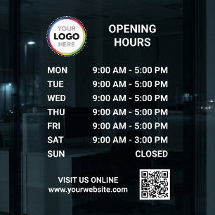 Store Opening Hours Signage With QR Code - Modern Window Cling