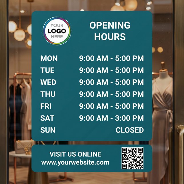 Store Opening Hours Signage With QR Code - Teal Window Cling (Creator Uploaded)