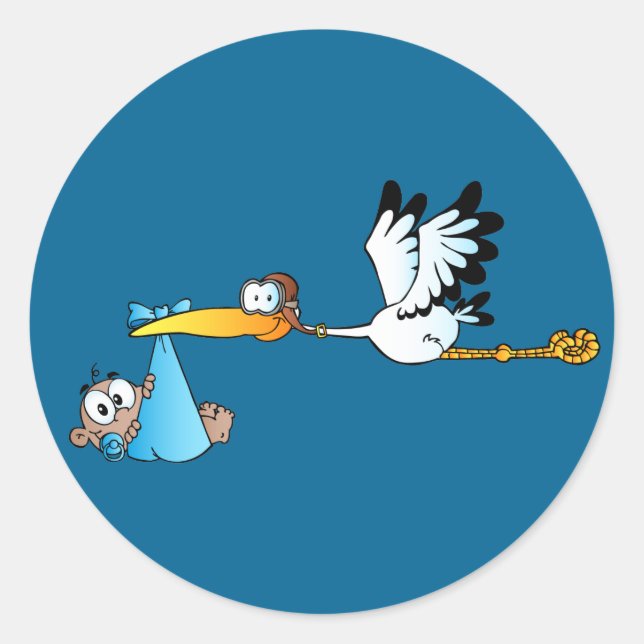 Stork and Baby Boy African-American Classic Round Sticker (Front)