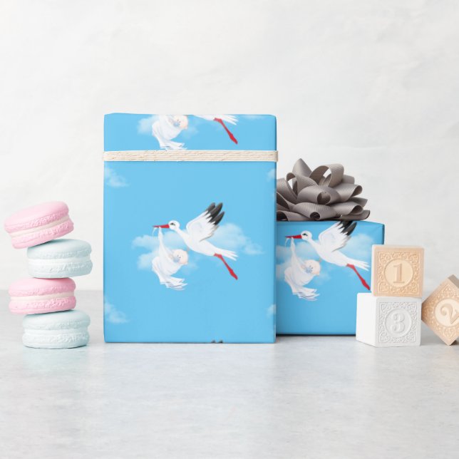 Stork and Baby Boy in Clouds Wrapping Paper (Baby Shower)