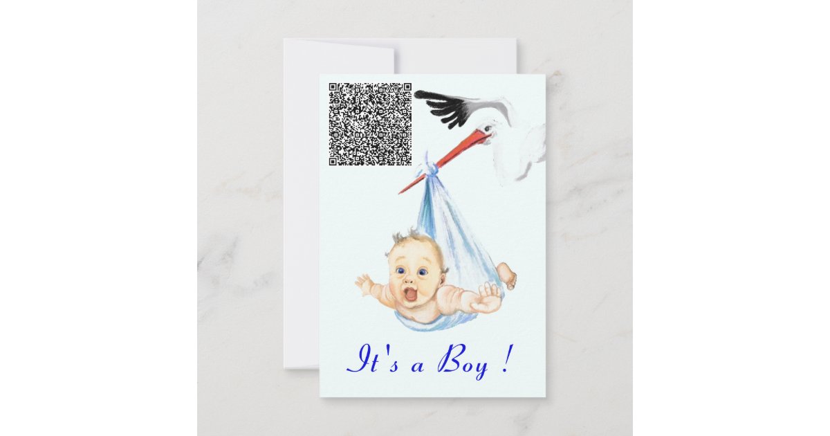 Stork and Baby Boy Shower Invitation QR Code Info | Zazzle