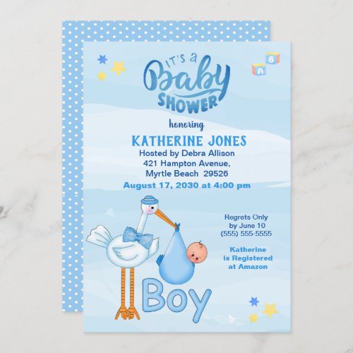 Stork and Baby  Boy Shower Invitations