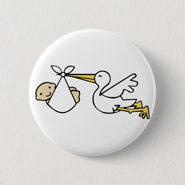 Stork and baby Cartoon Cute Birth Announcement Button (Front)