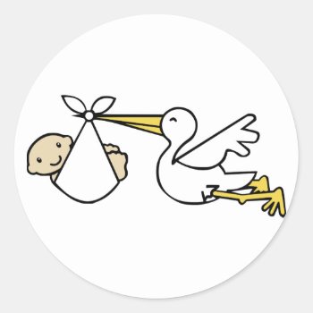 Stork And Baby Cartoon Cute Birth Announcement Classic Round Sticker by Barzee at Zazzle