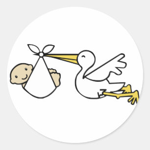 Stork and baby Cartoon Cute Birth Announcement Classic Round Sticker