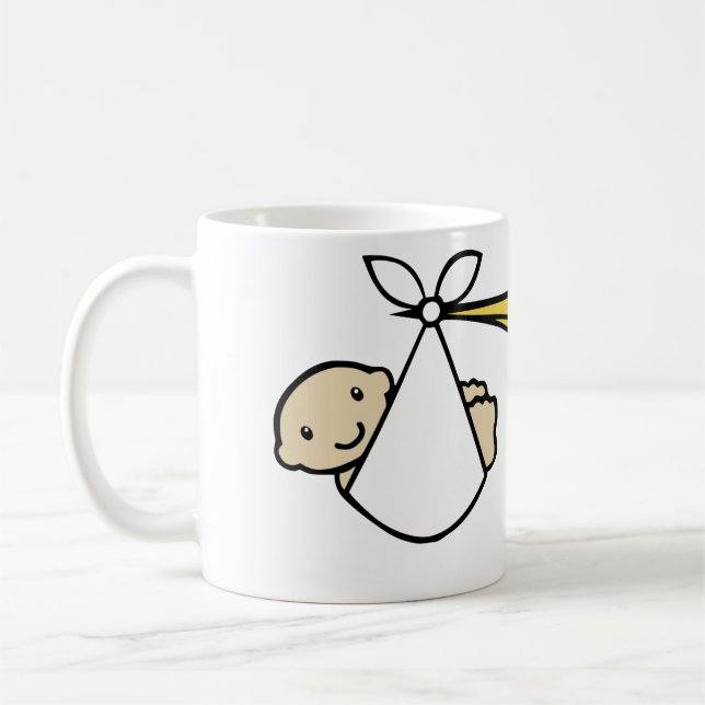 Stork and baby Cartoon Cute Birth Announcement Coffee Mug (Left)