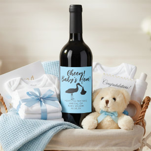 Stork and Baby Cheers Blue Wine Label