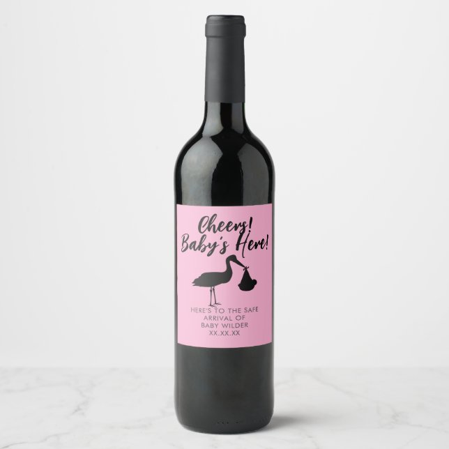 Stork and Baby Cheers Pink Baby Shower Wine Label (Front)