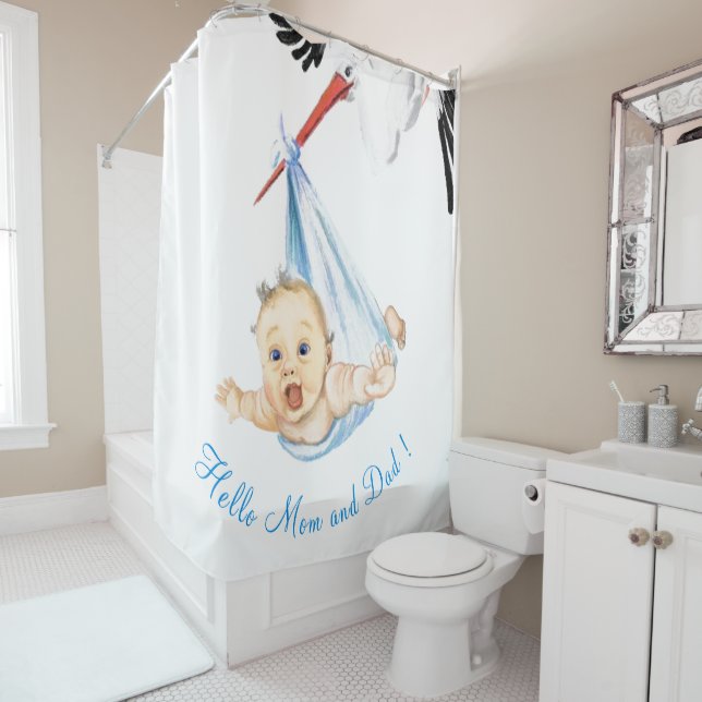 Stork and Baby Funny Shower Curtain - Custom Text (In Situ)