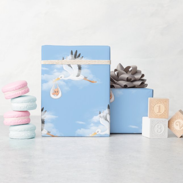 Stork and Baby on Blue Wrapping Paper (Baby Shower)