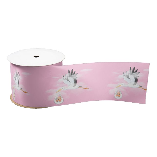 Stork and Baby on Pink Satin Ribbon (Spool)