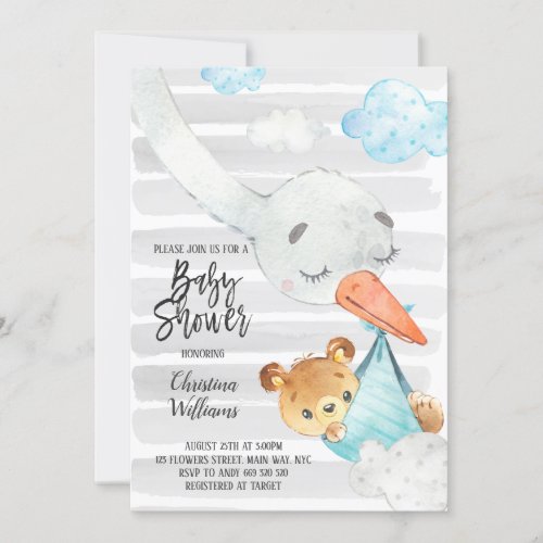 Stork and Bear Cub Boy Baby Shower Blue  Grey Invitation