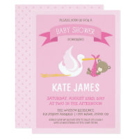 Stork and Bear Pink Baby Shower Invitation
