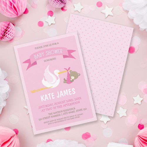 Stork and Bear Pink Baby Shower Invitation