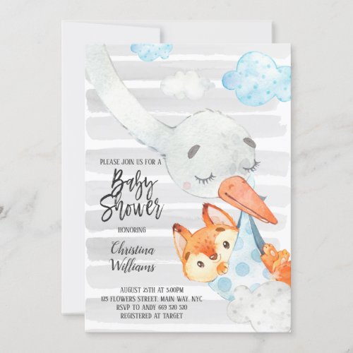 Stork and Fox Cub Boy Baby Shower Blue  Grey Cute Invitation