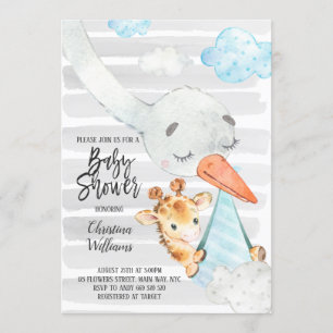 Stork and Giraffe Cub Boy Baby Shower Blue & Grey Invitation