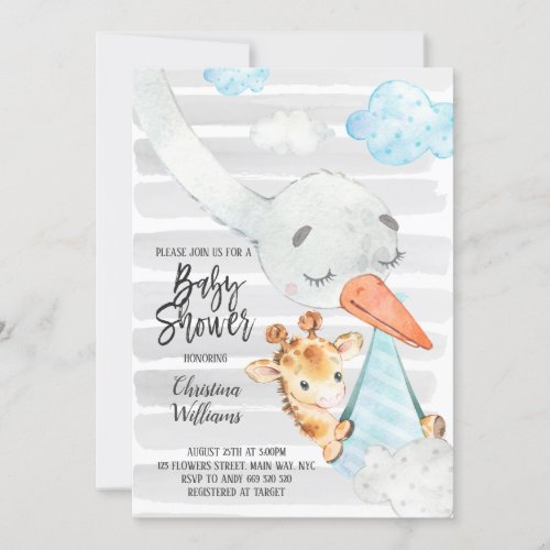 Stork and Giraffe Cub Boy Baby Shower Blue  Grey Invitation