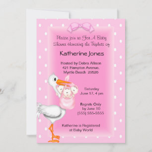 Stork and Triplet Girls Shower Invitations