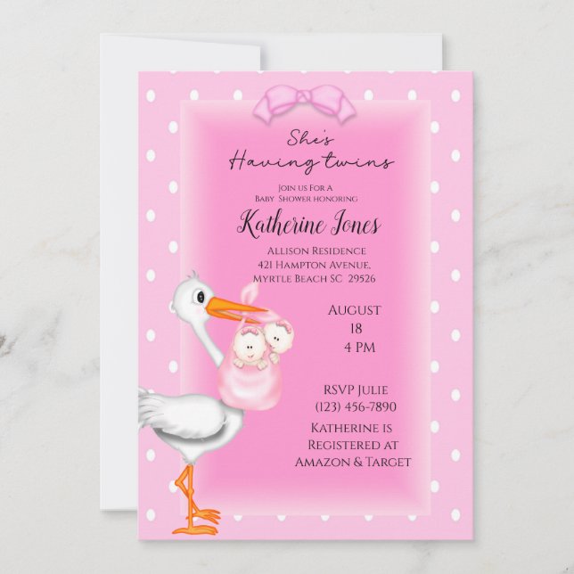 Stork and Twin Girls Shower Invitations (Front)