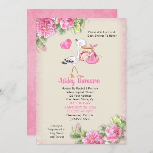 Stork and Watercolor Flowers Girls Baby Shower Invitation