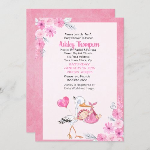 Stork and Watercolor Flowers Girls Baby Shower Invitation