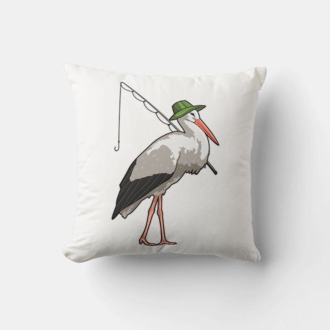 Stork at Fishing with Fishing rod Throw Pillow (Front)