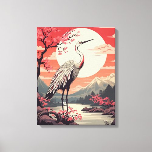 Stork at sunrise by the Lake and Sakura trees  Canvas Print