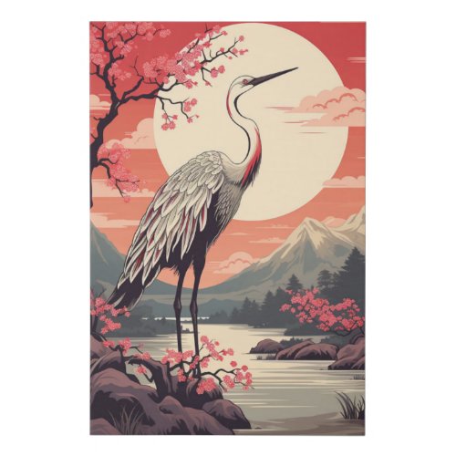 Stork at sunrise by the Lake and Sakura trees Faux Canvas Print