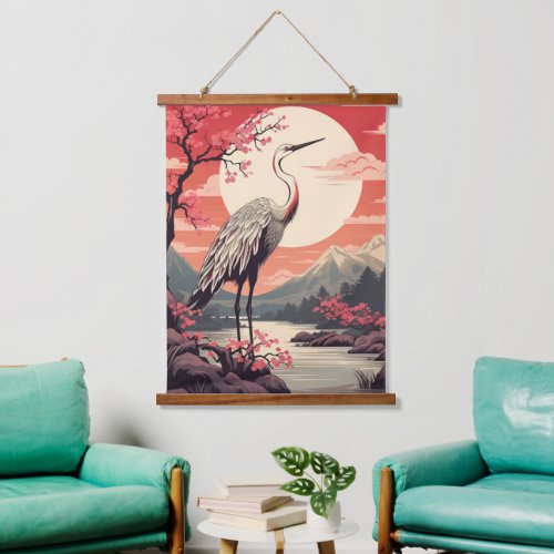 Stork at sunrise by the Lake and Sakura trees Hanging Tapestry