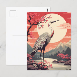Stork at sunrise by the Lake and Sakura trees  Postcard