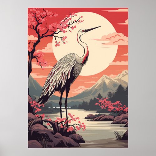 Stork at sunrise by the Lake and Sakura trees Poster