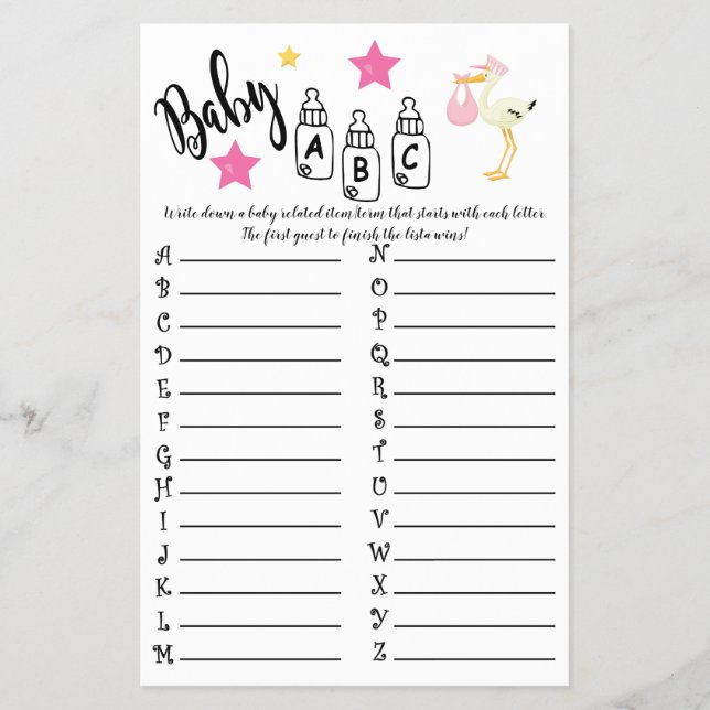 STORK BABY ABC BABY SHOWER GAME CARD FLYER (Front)