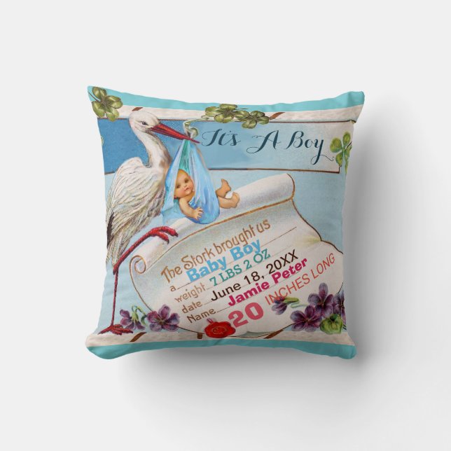 STORK,BABY AND SHAMROCKS Floral Boy Baby Stats Throw Pillow (Front)