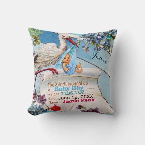 STORKBABY AND SHAMROCKS Floral Boy Baby Stats Throw Pillow