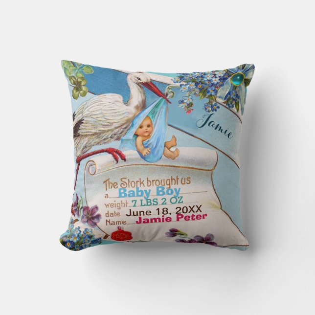 STORK,BABY AND SHAMROCKS Floral Boy Baby Stats Throw Pillow (Front)
