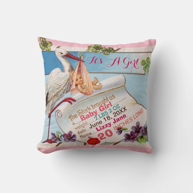 STORK,BABY AND SHAMROCKS Floral Girl Baby Stats Throw Pillow (Front)