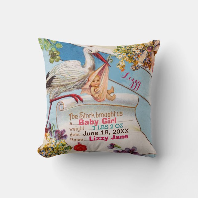 STORK,BABY AND SHAMROCKS Floral Girl Baby Stats Throw Pillow (Front)