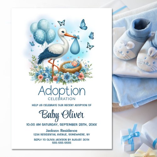 Stork Baby Boy Adoption Baby Shower Invitation