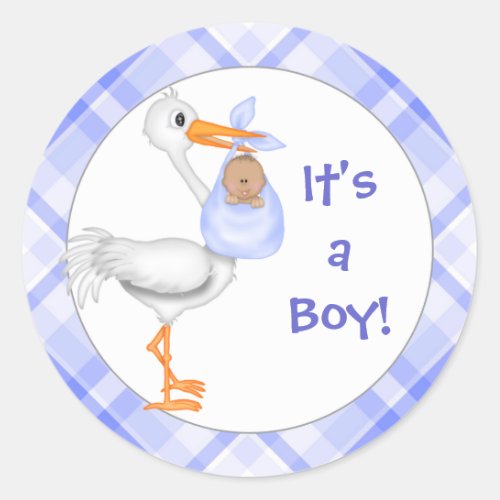 Stork  Baby Boy dark skin Baby Announcement Classic Round Sticker