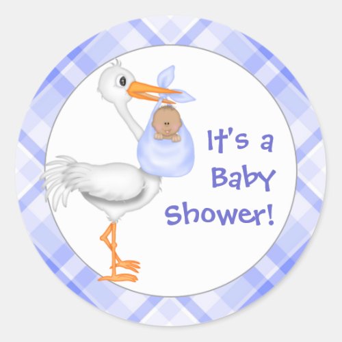 Stork  Baby Boy dark skin Baby Shower Classic Round Sticker
