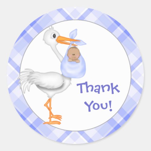 Stork  Baby Boy darker skin Thank You Classic Round Sticker
