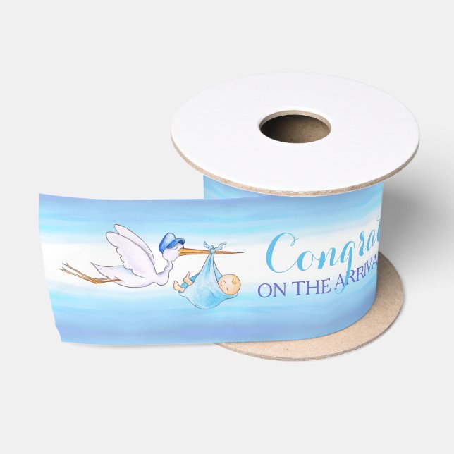 Stork baby boy name new baby blue ribbon (Spool)